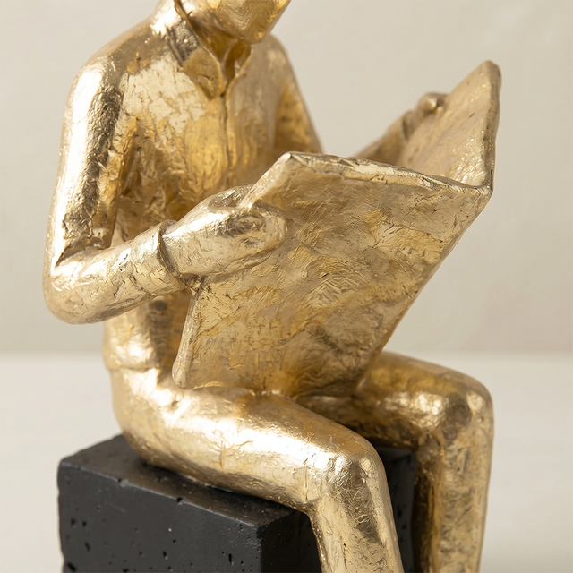 Golden Reader Sculpture – Polyresin Abstract Figurine, Antique Gold Finish & Black Base, Home Office Bookshelf Décor, Reading Nook Accent