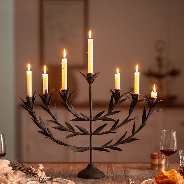 Metal Tabletop Olive Branches Candelabra on a wooden table