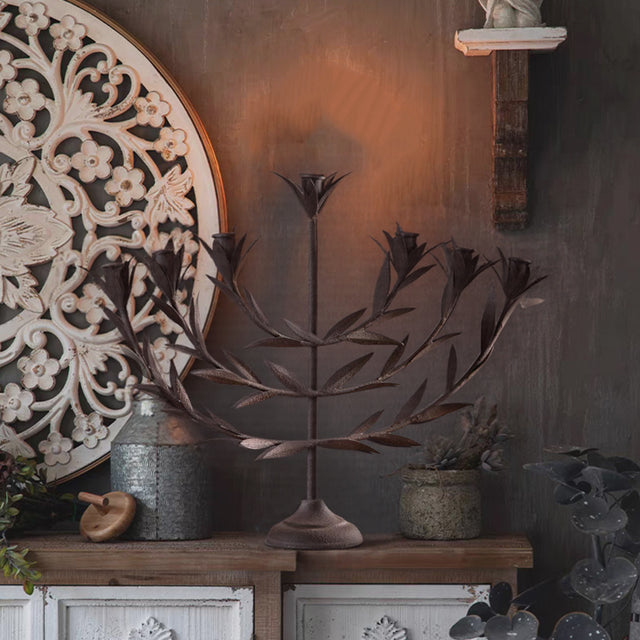 Metal Tabletop Olive Branches Candelabra on the table