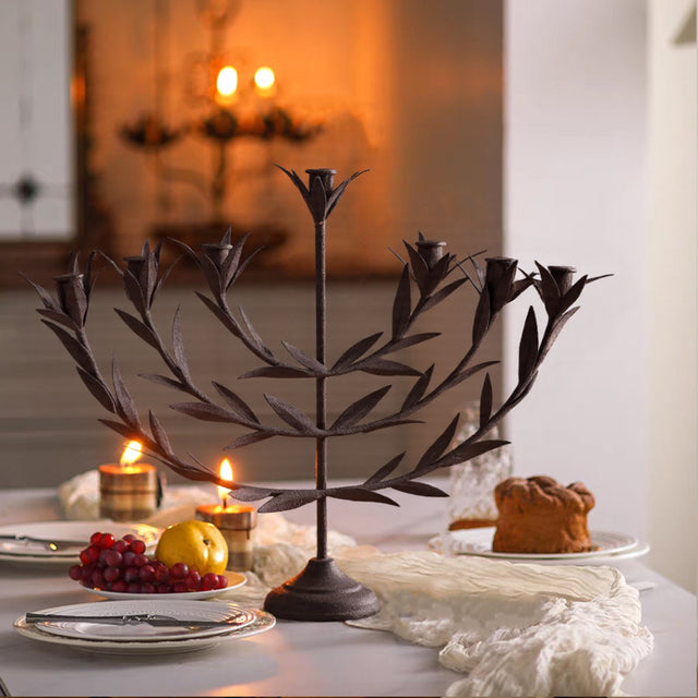 Metal Tabletop Olive Branches Candelabra on the table