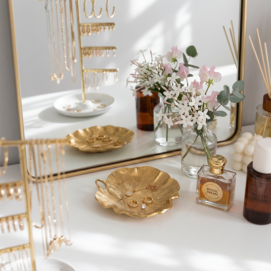 Metal leaf tray on white dresser vanity