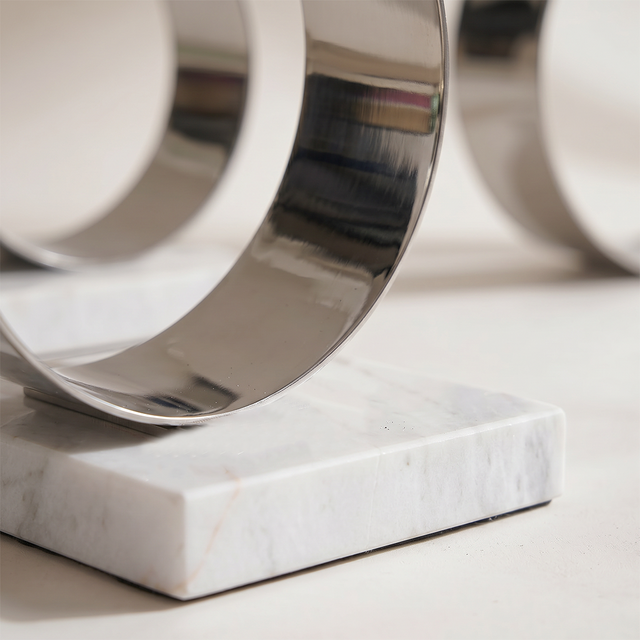 Decorative Silver Spiral C-Form Bookends with White Marble Base Set of 2– Modern Stainless Steel & Marble Book-Ends for Shelves, Desk & Living Room