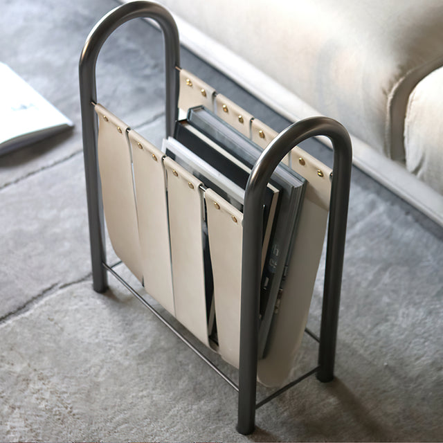 Modern Luxury Metal and Leather Magazine Rack Book Shelf on the Floor