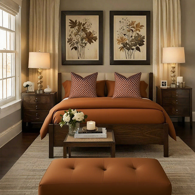 Modern Luxury Minimalist Hand-Woven Orange-Brown Cushion Pillow on the Bed