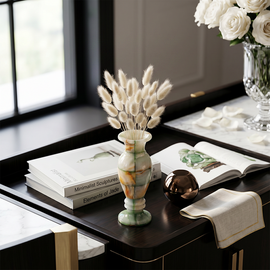 Multicolor onyx floral vase on black writing desk
