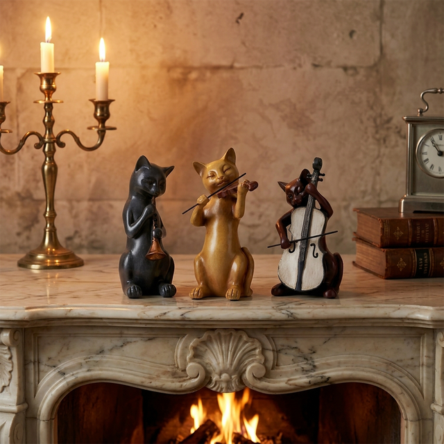 Musical Cat Figurine - Resin Animal Statue for Shelf & Mantel Decor, Music Room Accent, Cat Lover Gift