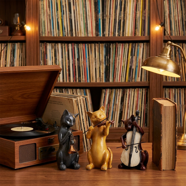 Musical Cat Figurine - Resin Animal Statue for Shelf & Mantel Decor, Music Room Accent, Cat Lover Gift