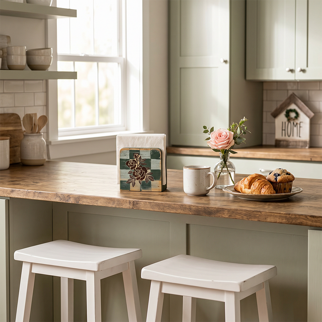 Napkin holder inside bright kitchen space