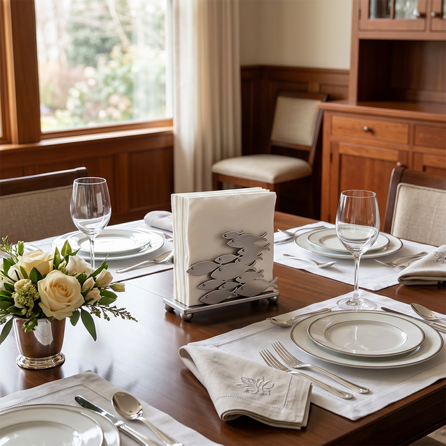 Napkin holder on wood dining table