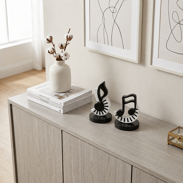Music Note Sculpture Set of 2, Black & White Piano Key Resin Figurines, Modern Minimalist Shelf Decor