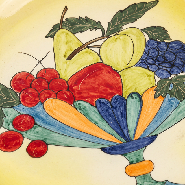 Hand-Painted Ceramic Decorative Plate — Large 14.8" Fruit Compote Scene on Yellow Ground, Terracotta Charger for Wall Décor or Table Display