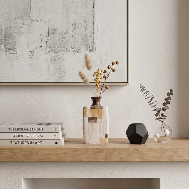 Small Abstract Hand-Painted Ceramic Bud Vase, Rustic Stoneware Decorative Vase for Dried Flowers — Boho Wabi-Sabi Decor for Shelf, Desk & Dining Table