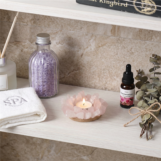 Pink stone tray on stone bath shelf