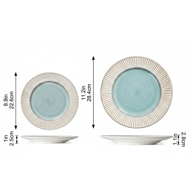 Handcrafted Ceramic Plates Set of 2 — Embossed Sunburst Rim & Reactive Celadon Glaze | Lead-Free Porcelain | 8.9″ & 11.2″