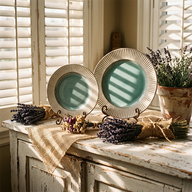 Handcrafted Ceramic Plates Set of 2 — Embossed Sunburst Rim & Reactive Celadon Glaze | Lead-Free Porcelain | 8.9″ & 11.2″