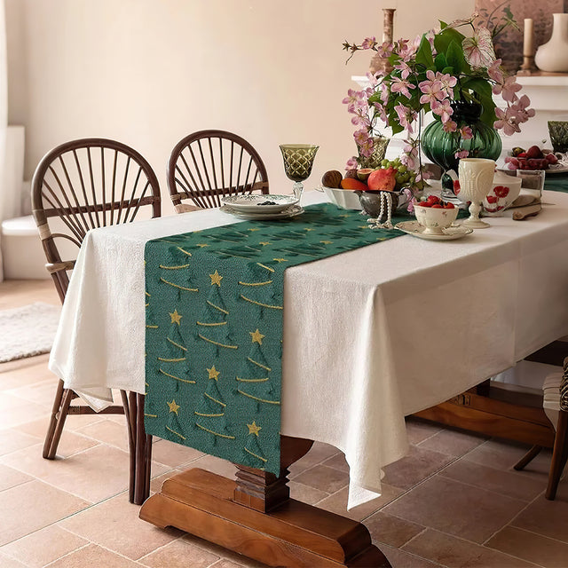 Plush Embroidered Green Christmas Tree Table Runner 081446