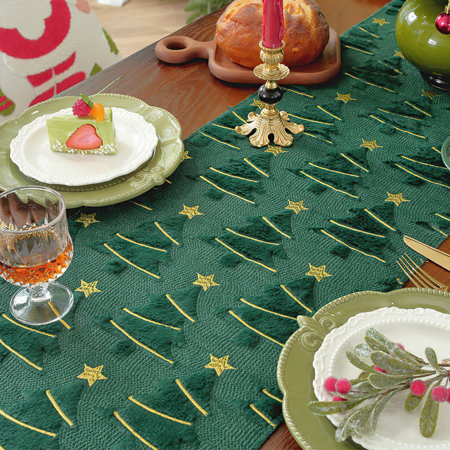Plush Embroidered Green Christmas Tree Table Runner Details 2 081446