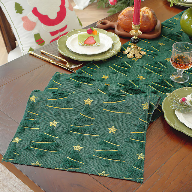 Plush Embroidered Green Christmas Tree Table Runner Details 3 081446