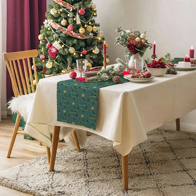 Plush Embroidered Green Christmas Tree Table Runner On The Tablecloth 081446