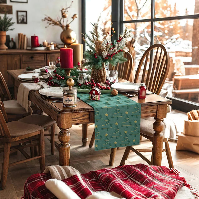 Plush Embroidered Green Christmas Tree Table Runner On The Wooden Table 081446