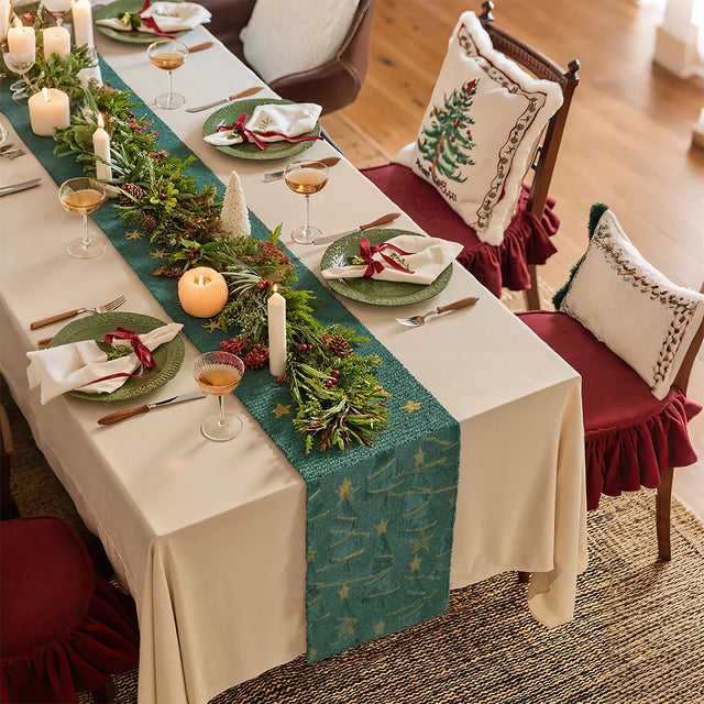 Plush Embroidered Green Christmas Tree Table Runner Under The Faux Pine Branches 081446
