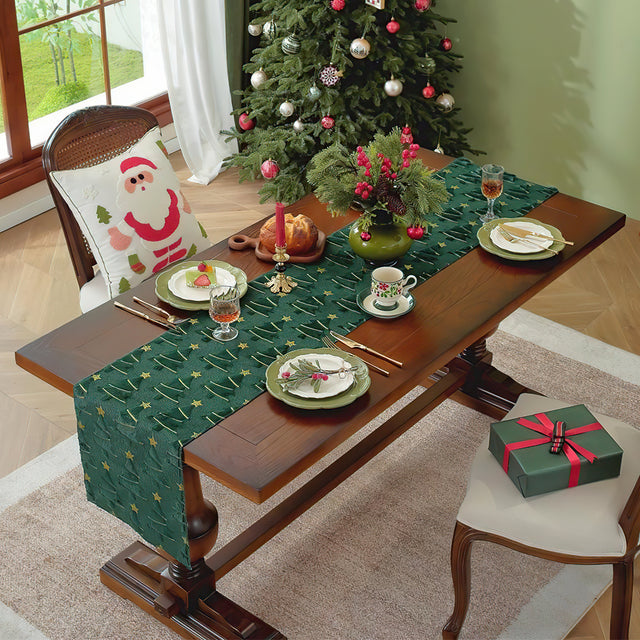 Plush Embroidered Green Christmas Tree Table Runner Under The Vase and Glass 081446