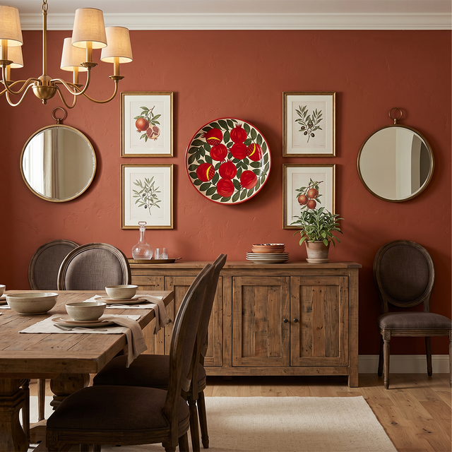 Large 14.8" Pomegranate & Leaf Pattern Charger, Hand-Painted Ceramic Decorative Plate, Terracotta Wall Art or Entertaining Platter