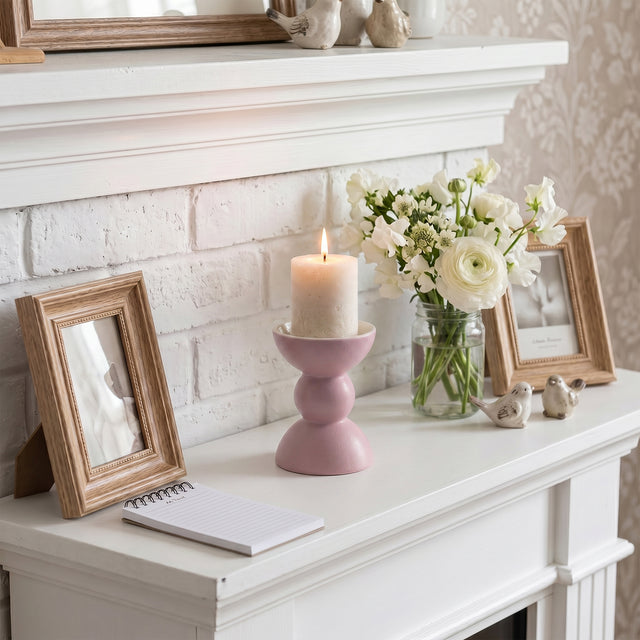 Purple Candle Holder On White Mantel