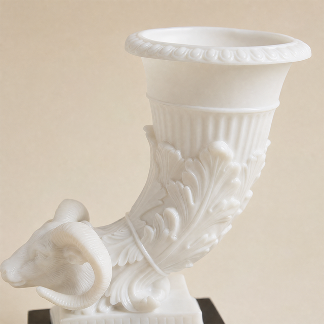 Decorative Ram Head Cornucopia Sculpture – White Resin Neoclassical Figurine with Black Wood Base