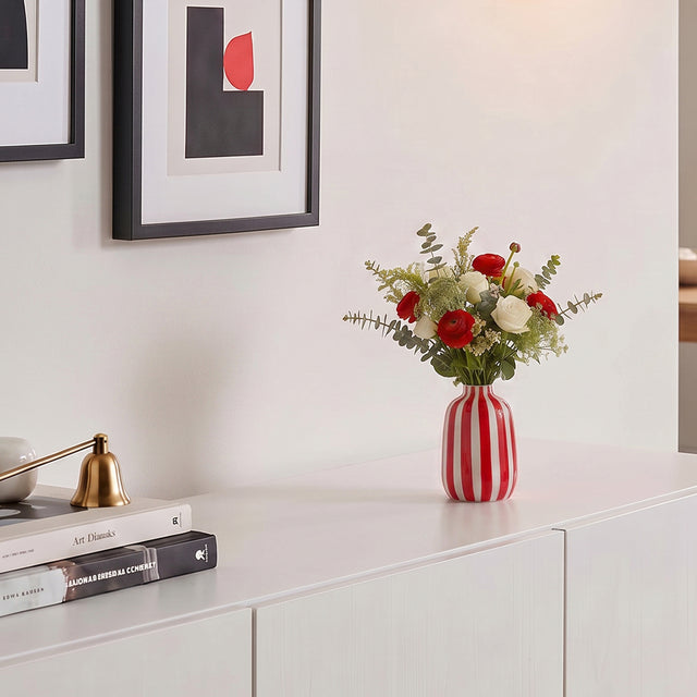 Red Striped Vase With Red White Flowers