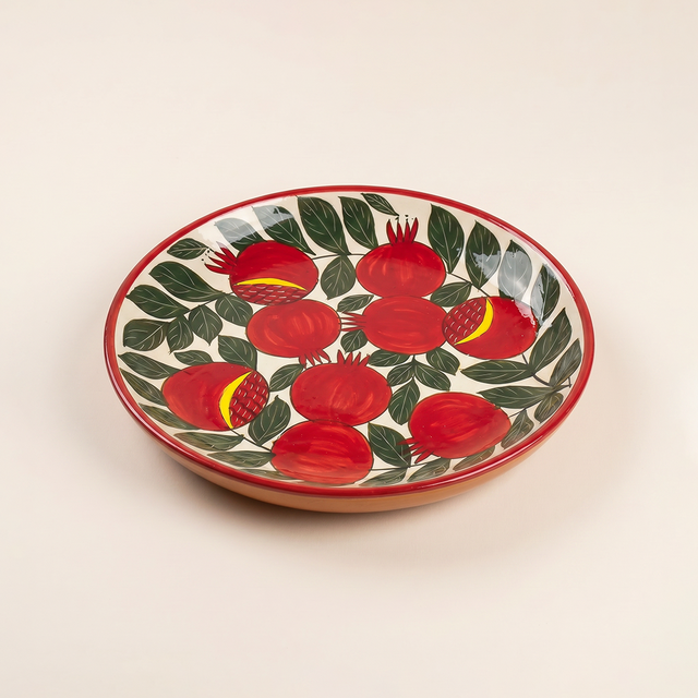 Large 14.8" Pomegranate & Leaf Pattern Charger, Hand-Painted Ceramic Decorative Plate, Terracotta Wall Art or Entertaining Platter