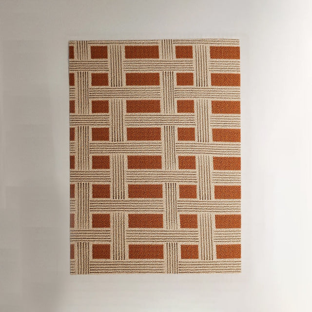 Reddish Brown Beige Geometric Grid Pattern Rug 091048