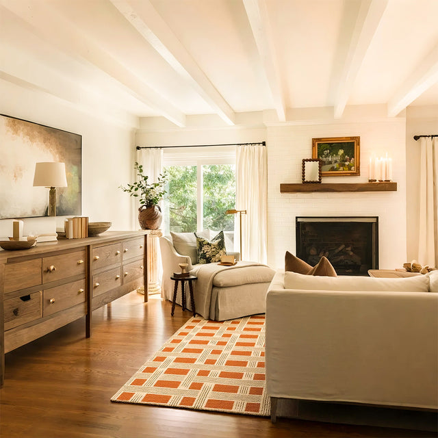 Reddish Brown Beige Geometric Grid Pattern Rug Beneath The Beige Sofa 091048