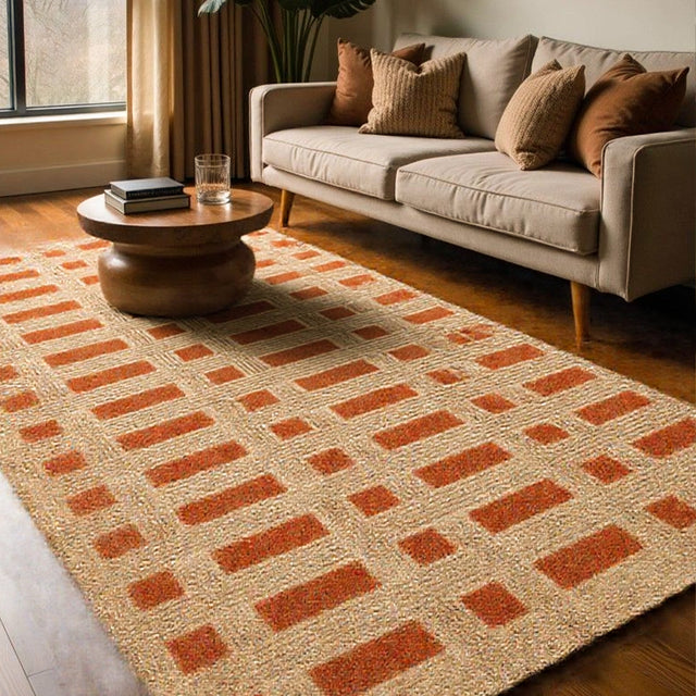 Reddish Brown Beige Geometric Grid Pattern Rug Beneath The Round Wooden End Table 091048