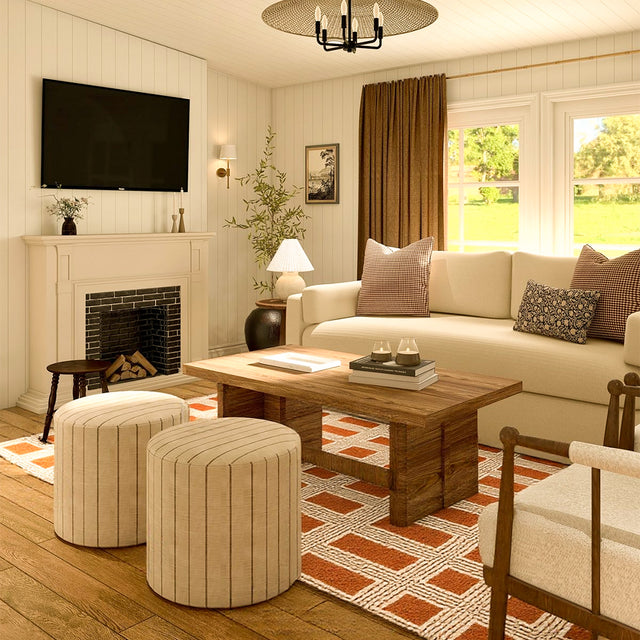 Reddish Brown Beige Geometric Grid Pattern Rug Beneath The Wooden End Table 091048