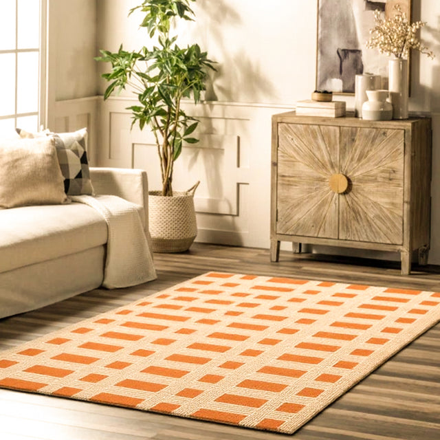 Reddish Brown Beige Geometric Grid Pattern Rug Besides The Wooden Cabinet 091048