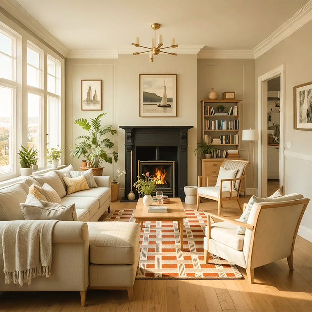 Reddish Brown Beige Geometric Grid Pattern Rug In Front Of The Fireplace 091048