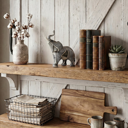 Resin elephant figurine on rustic wood wall shelf
