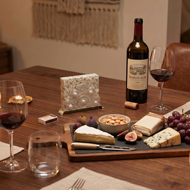 Rhinestone stand with wine cheese tabletop
