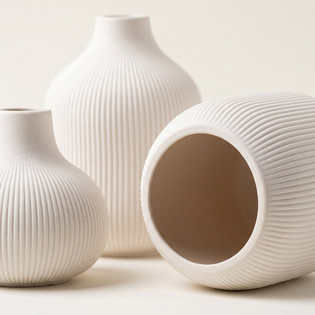 Set of 3 White Ceramic Ribbed Vases — Handcrafted Matte Bud Vase Set for Boho Farmhouse Home Décor