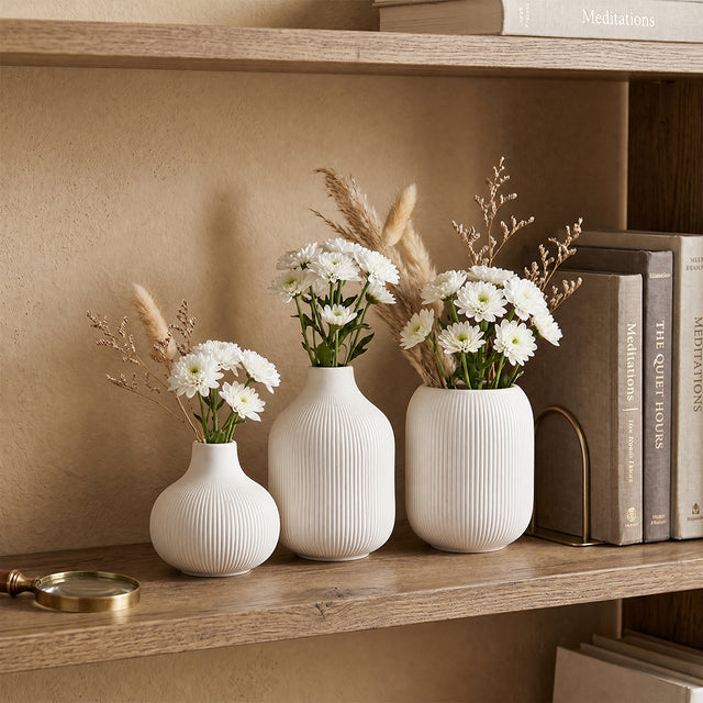 Set of 3 White Ceramic Ribbed Vases — Handcrafted Matte Bud Vase Set for Boho Farmhouse Home Décor