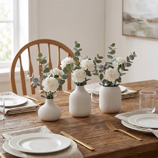 Set of 3 White Ceramic Ribbed Vases — Handcrafted Matte Bud Vase Set for Boho Farmhouse Home Décor