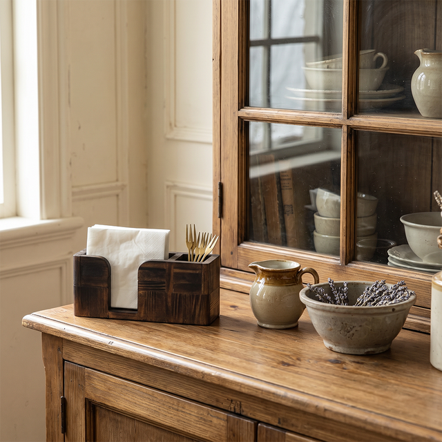 Rustic wood napkin holder on console table