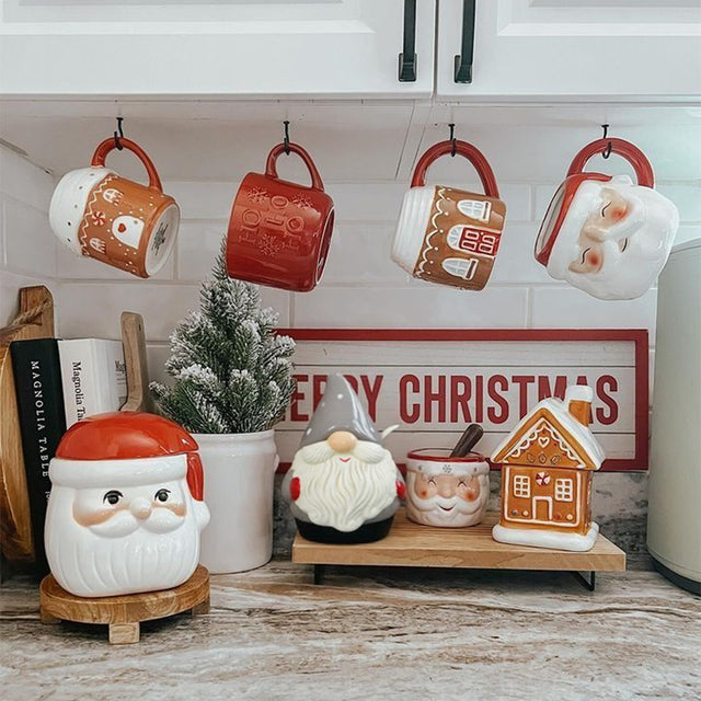 Santa Claus Ceramic Spice Jar, Seasoning Container with Spoons Lids In Front Of The Sign 081104