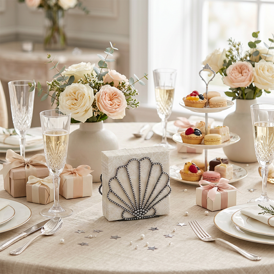 Scallop Napkin Holder With Champagne Macarons