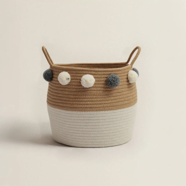Scandinavian Rope Woven Toy Clothing Storage Basket with Pom Poms