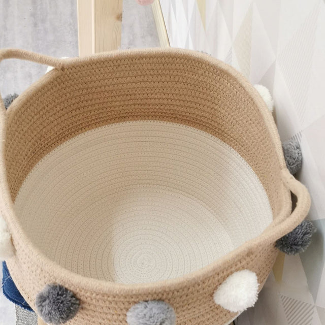 Scandinavian Rope Woven Toy Clothing Storage Basket with Pom Poms Detail