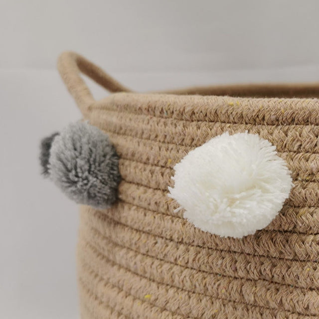 Scandinavian Rope Woven Toy Clothing Storage Basket with Pom Poms Detail