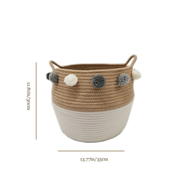 Scandinavian Rope Woven Toy Clothing Storage Basket with Pom Poms Size Chart