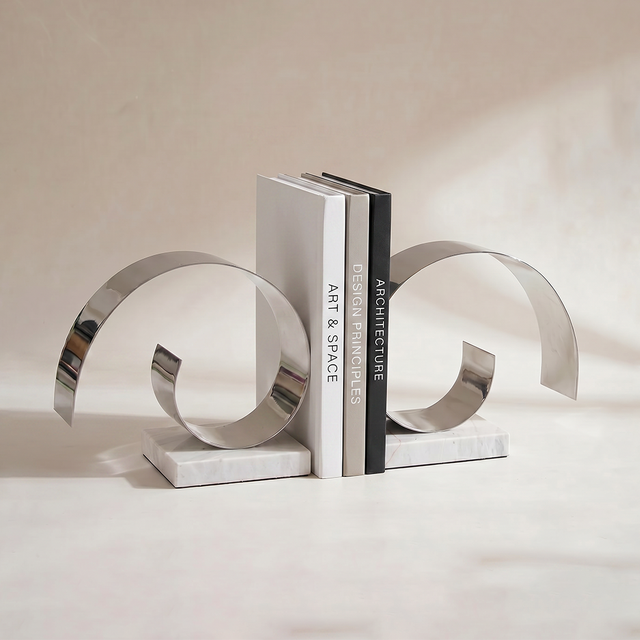 Decorative Silver Spiral C-Form Bookends with White Marble Base Set of 2– Modern Stainless Steel & Marble Book-Ends for Shelves, Desk & Living Room